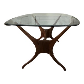 Oblong Beveled Clear Glass 62” Table With “Organic Modernism" Faux Wooden Metal Base For Sale