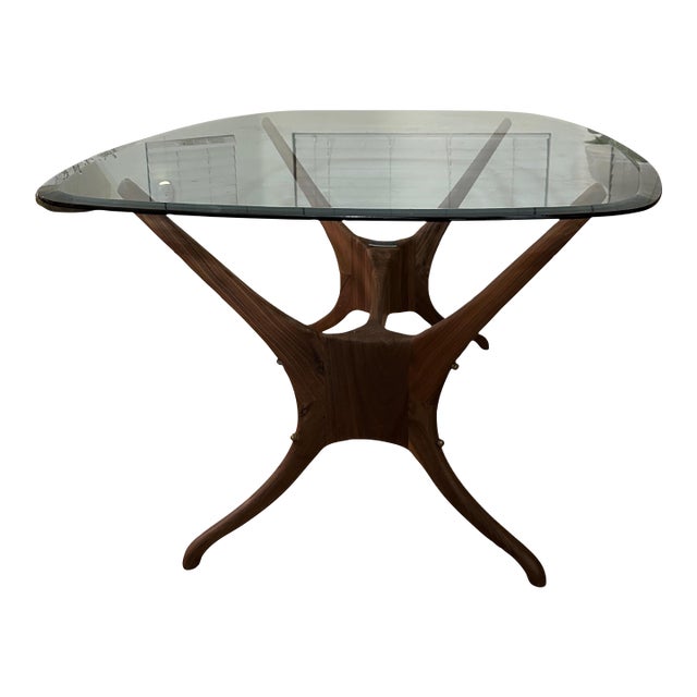 Oblong Beveled Clear Glass 62” Table With “Organic Modernism" Faux Wooden Metal Base For Sale