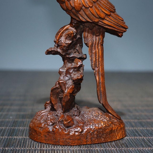 Wood Hand-Carved Boxwood Parrot Figurine on Wooden Base - Asian Sculpture For Sale - Image 7 of 9