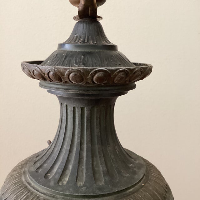 Antique French Patinated Spelter Urn Lamp With Rams Heads and Cherubs, Marble Brass Stand For Sale - Image 9 of 12