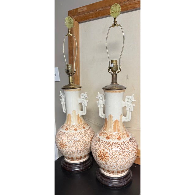 Ceramic Pair of Large Vintage Crackle Glaze Porcelain Table Lamps With Brass Accents For Sale - Image 7 of 11