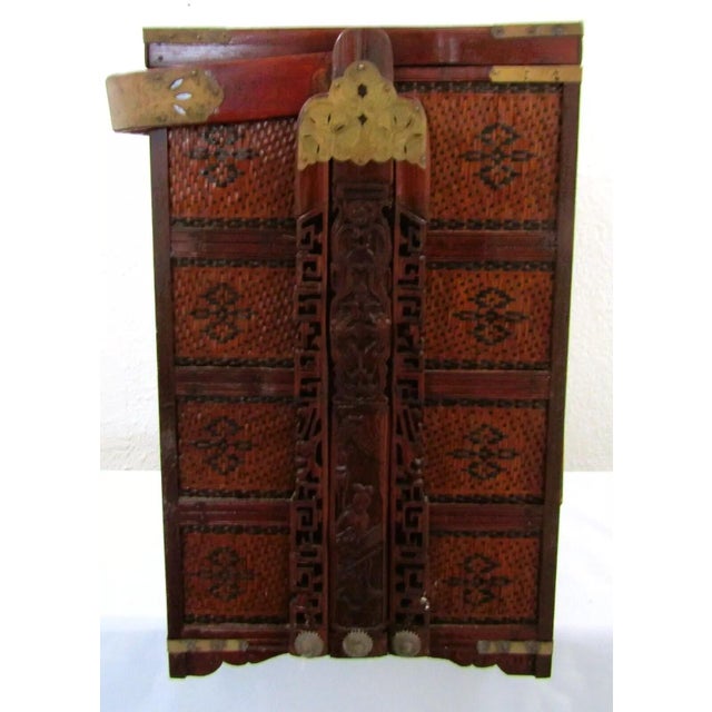 Red Early 20th Century Antique Chinese Rattan Wedding Gift Box With Four Drawers, Top Tray and Handle For Sale - Image 8 of 10