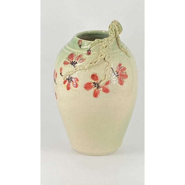 Vintage Studio Pottery Vase With Flower Blossoms & Applied Relief Branch Signed E. M. For Sale - Image 11 of 11