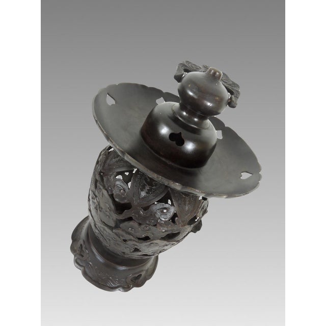 Metal Old Japanese Bronze Reticulated Censer / Candle Lamp With Dragons and Clouds, Lantern, 2 Part For Sale - Image 7 of 10