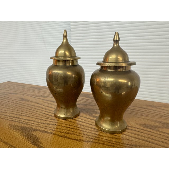 Hollywood Regency Brass Ginger Jar Urn Shaped Vessels + Lids, Set of Two For Sale - Image 3 of 12