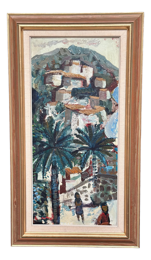 Bertil Wahlberg, Southern Village, 1950s, Oil on Panel, Framed