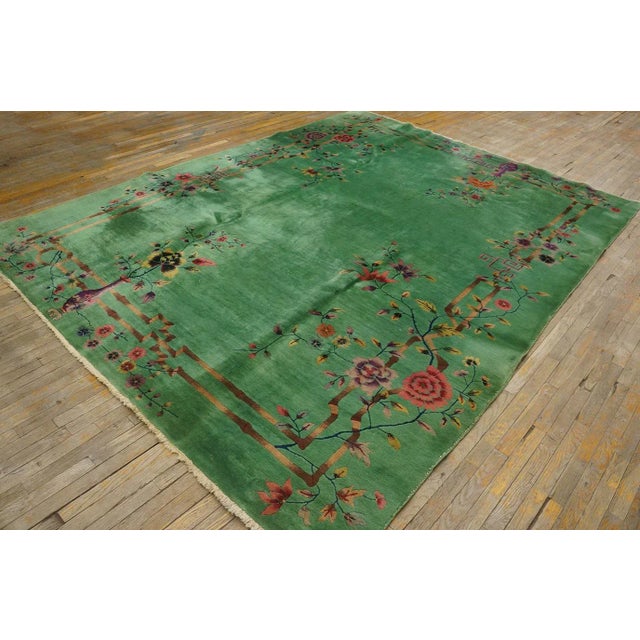 Art Deco Outstanding Jade-Green Background Color With Details of Purple Flowers Vases in a Floral Design Chinese Art Deco Rug For Sale - Image 3 of 15