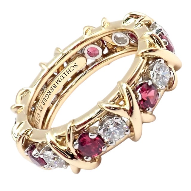 Contemporary Tiffany & Co Schlumberger Gold Platinum 16 Stone Diamond Ruby Band Ring, Size 5 For Sale - Image 3 of 14