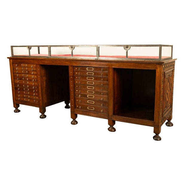 Antique Art Deco Jewelry Store Display Case Counter Walnut Bronze Glass 1920 For Sale - Image 14 of 18