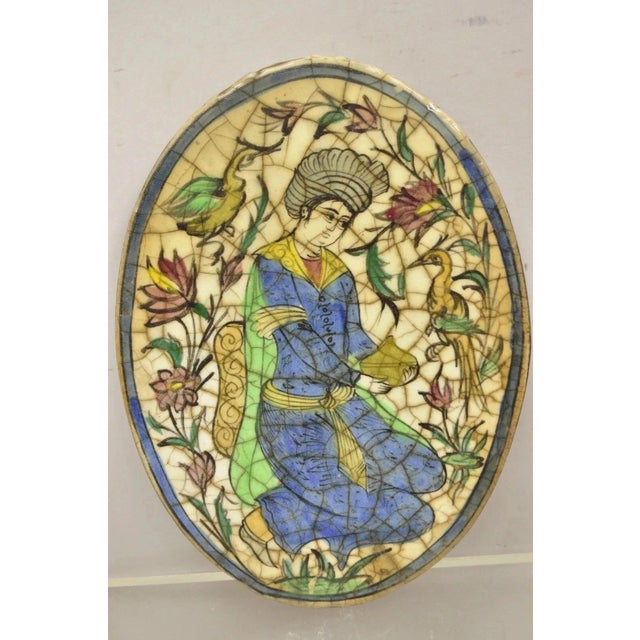 Ceramic Antique Persian Iznik Qajar Style Ceramic Pottery Oval Tile Blue Figure Birds C3 For Sale - Image 7 of 10