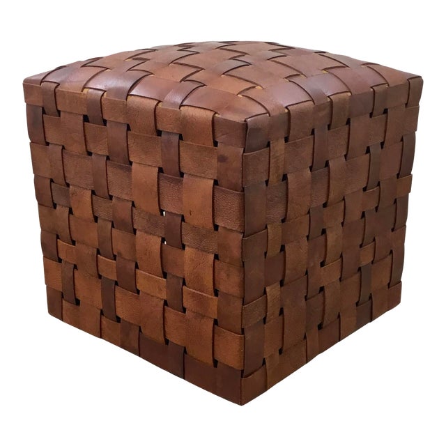 Modern Saddle Brown Leather Basket Weave Design Ottoman Chairish