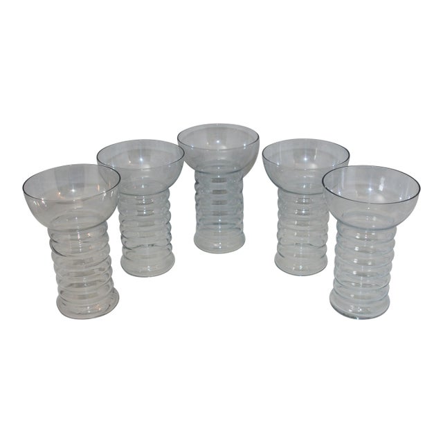 1930s Art Deco Dunbar Aramis Iridescent Ice Blue Ringed Glasses Set of 5 For Sale