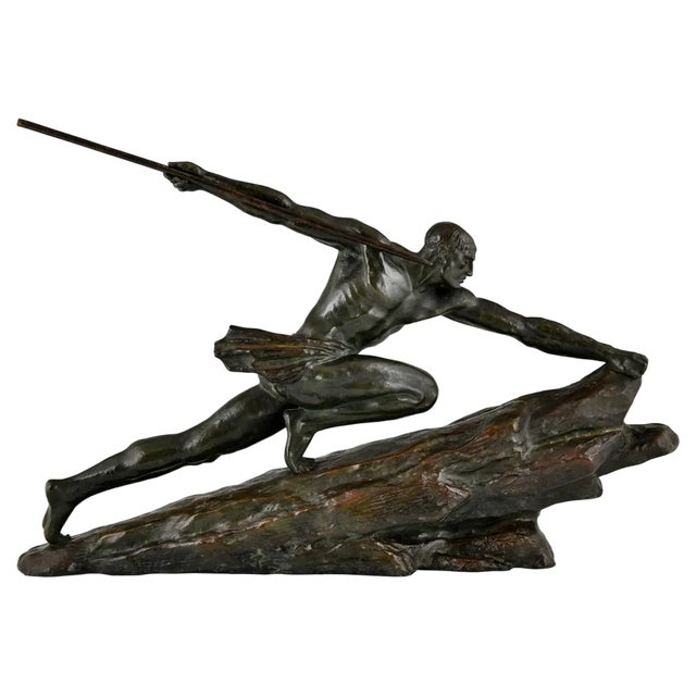 Pierre Le Faguays, Art Deco Athlete with Spear, 1927, Bronze For Sale