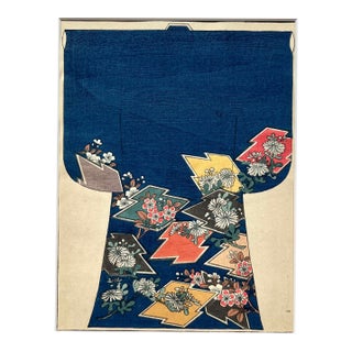 Antique 1886 Japanese Kimono Design Woodblock Print "Cherry Blossoms and Chrysanthemums" With Mat For Sale