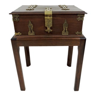 Vintage Federal Style Wood & Brass Bound Silverware Chest on Stand For Sale