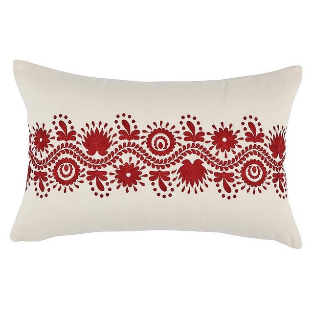 Folk Art Schumacher Theodora Embroidery 24" Lumbar Pillow in Red For Sale - Image 3 of 3