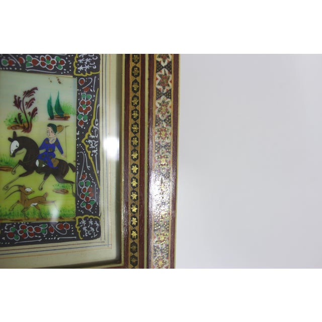 Vintage Miniature Hunting Painting in Persian Khatam Picture Frame With Bone, Wood and Brass Inlay, Table Top Easel Inlaid Photograph Frame For Sale - Image 11 of 12