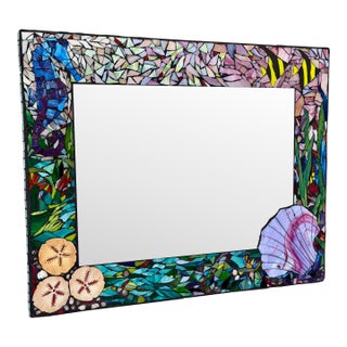 Vintage Handmade Coastal Mosaic Wall Mirror With Seahorse & Seashell Motif For Sale