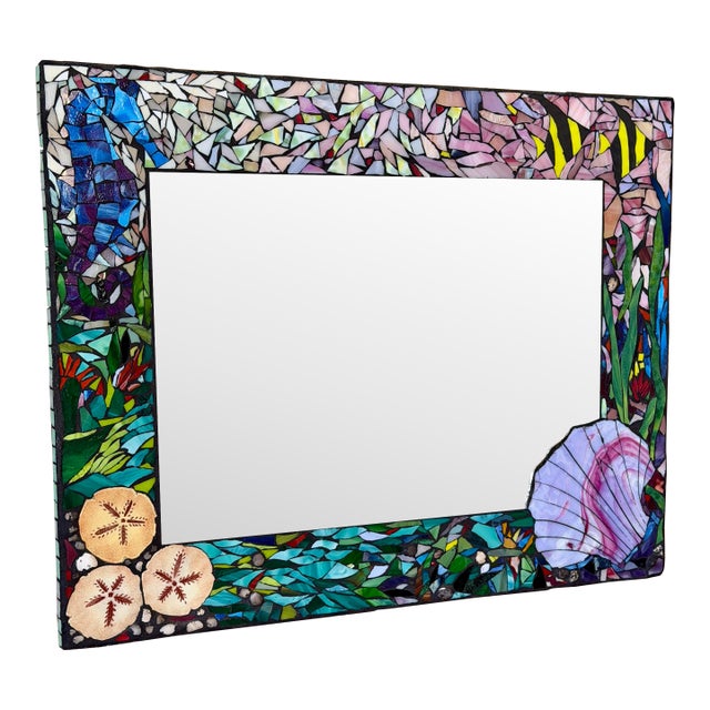 Vintage Handmade Coastal Mosaic Wall Mirror With Seahorse & Seashell Motif For Sale
