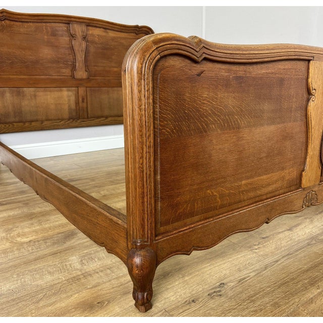 Vintage French Louis XVI Oak Double Bed Frame with Carved Headboard For Sale - Image 5 of 11