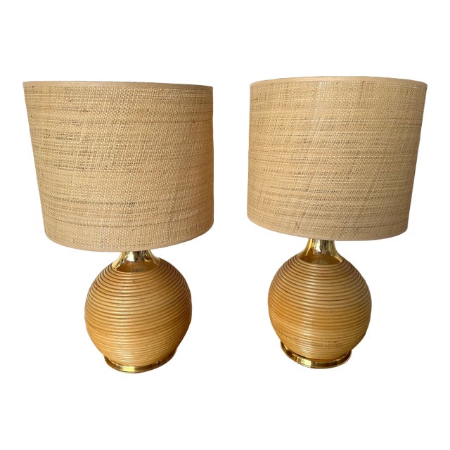 Pair of Rattan and Brass Lamps. Italy, 1970s For Sale
