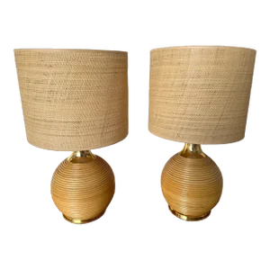 Pair of Rattan and Brass Lamps. Italy, 1970s