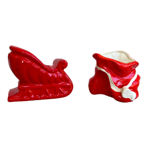 Vintage 1954 Santa Sleigh and Santa Bag Flower Pots - Set of 2