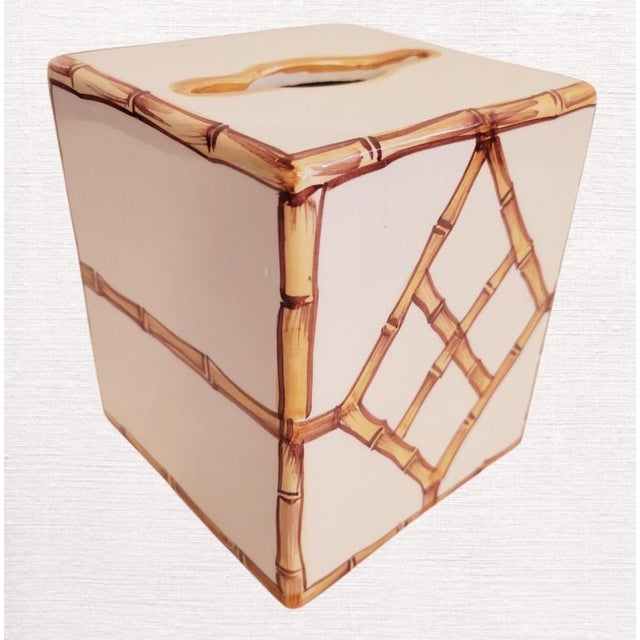 A wonderful Italian ceramic faux bamboo tissue box holder cover. The holder has a nice Palm Beach style faux bamboo design...