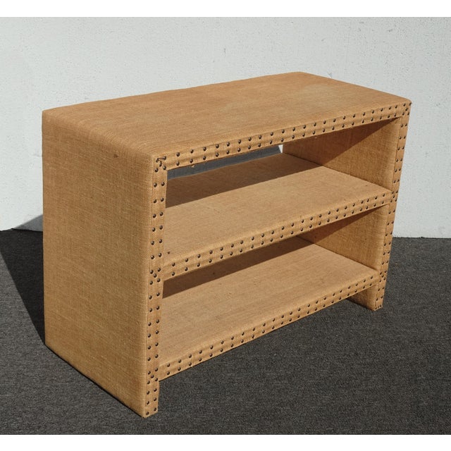 2010s Modern Golden Brown Burlap Bookcase W Decorative Nails For Sale - Image 5 of 15
