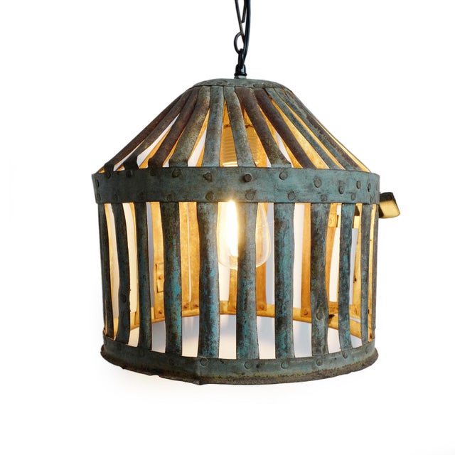 Farmhouse Vintage Farmhouse Industrial Iron Basket Cage Pendant Light For Sale - Image 3 of 7