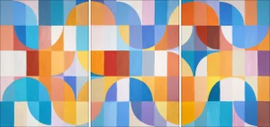 2025,Abstract Geometric, Primary Tones Triptych of Bauhaus Wavy Beach, AcrylicPaint on Watercolor Paper by Natalia Roman
