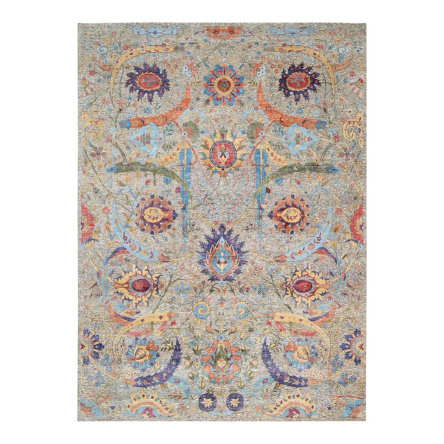 Silk With Textured Wool Hand Knotted Tan Sickle Leaf Design Oriental Rug For Sale