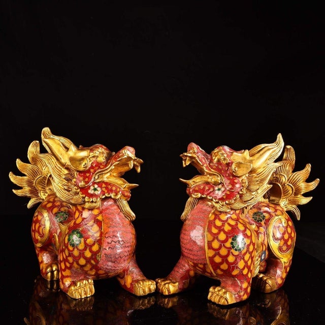 Asian Mid 20th Century Pair of Gilt Cloisonne Enamel Qilin Figures – 7.9" Mythical Beast Statues For Sale - Image 3 of 9