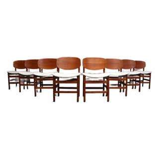 Set of Eight Italian Modern Shell Dining Chairs in Teak and Bouclé by Saporiti For Sale