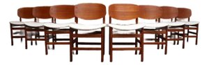 Set of Eight Italian Modern Shell Dining Chairs in Teak and Bouclé by Saporiti