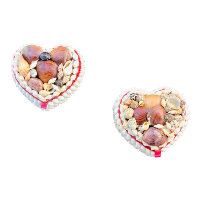 Heart Shaped Folk Art Boxes Encrusted With Shells - a Pair For Sale