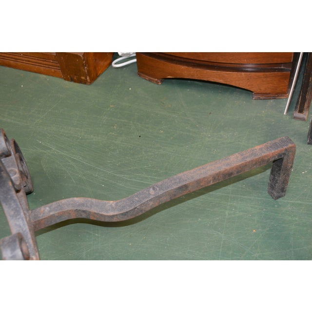Vintage Pair Tall Black Gothic / Arts & Crafts Scroll & Twisted Iron Fire Dogs Fireplace Andirons For Sale - Image 12 of 14