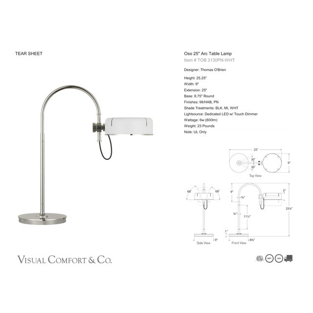 Thomas O'Brien by Visual Comfort Signature Oso 25" Arc Table Lamp in Polished Nickel with Matte White Shade Designer:...
