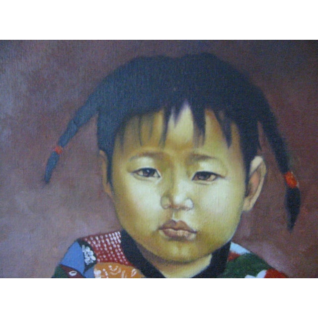 1980s 1980s Chinese Child Prayer Inspired Framed Portrait Oil on Canvas For Sale - Image 5 of 18