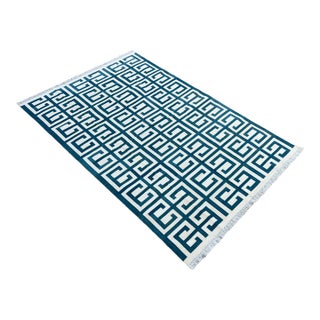 Not Yet Made - Made To Order Handmade Cotton Natural Vegetable Dyed Teal Blue and White Geometric Pattern Rug - 6'x9' For Sale