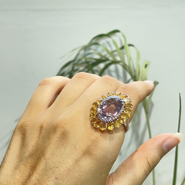 Handcrafted Multi-Gemstone Sunflower Ring in Solid Sterling Silver, Size 7.5 For Sale - Image 9 of 16