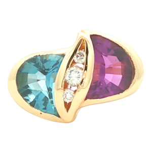 Late 20th Century 14k Yellow Gold Buff Top Blue Topaz, Amethyst and Diamond Ring, Size 6.5