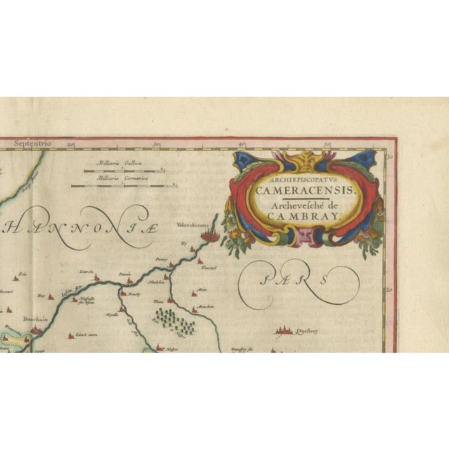 Paper Map of Cambrai & Artois with Heraldic Cartouches from Blaeu, 1642 For Sale - Image 7 of 11