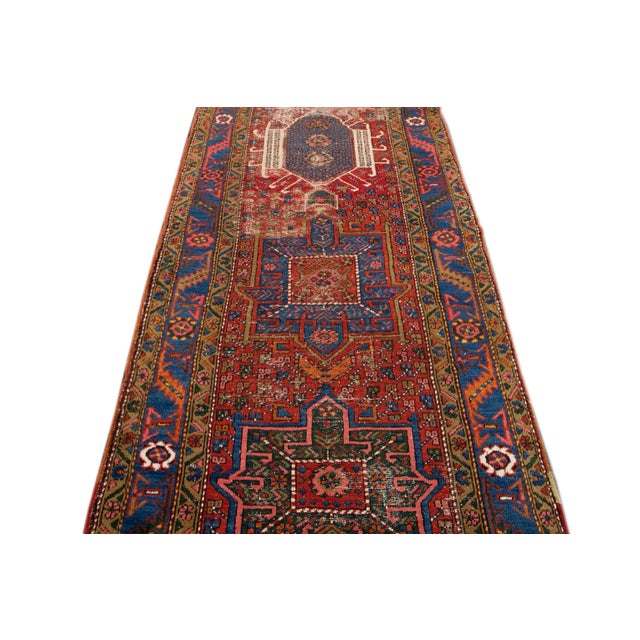 Traditional Red Antique Distressed Heriz Handmade Wool Runner For Sale - Image 3 of 13