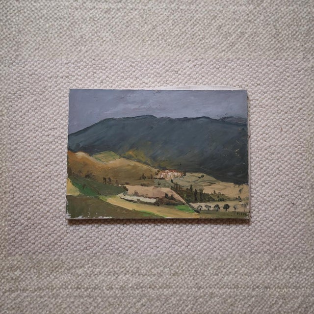 This 1966 French dark mountain painting captures a moody rural landscape with expressive brushwork and a rich, atmospheric...