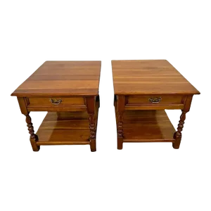 1990s Stickley Side Tables Solid Cherry Top Drawer Bottom Shelf - a Pair
