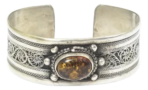 Tribal Turkoman Filagree and Amber Cuff Bracelet