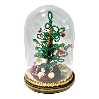 1970s Miniature Beaded Christmas Tree Under Glass Cloche For Sale