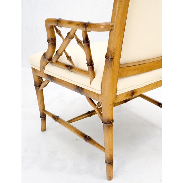 Pair Faux Bamboo New Virgin Wool Upholstery Lounge Arm Fire Side Chairs MINT! For Sale - Image 11 of 16