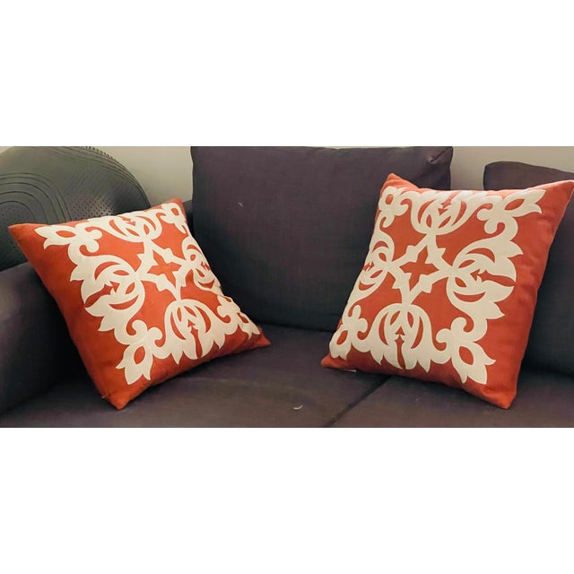 Figurative Pair of Vintage Burnt Orange Wool Pillows With Appliqué and Down Inserts For Sale - Image 3 of 4